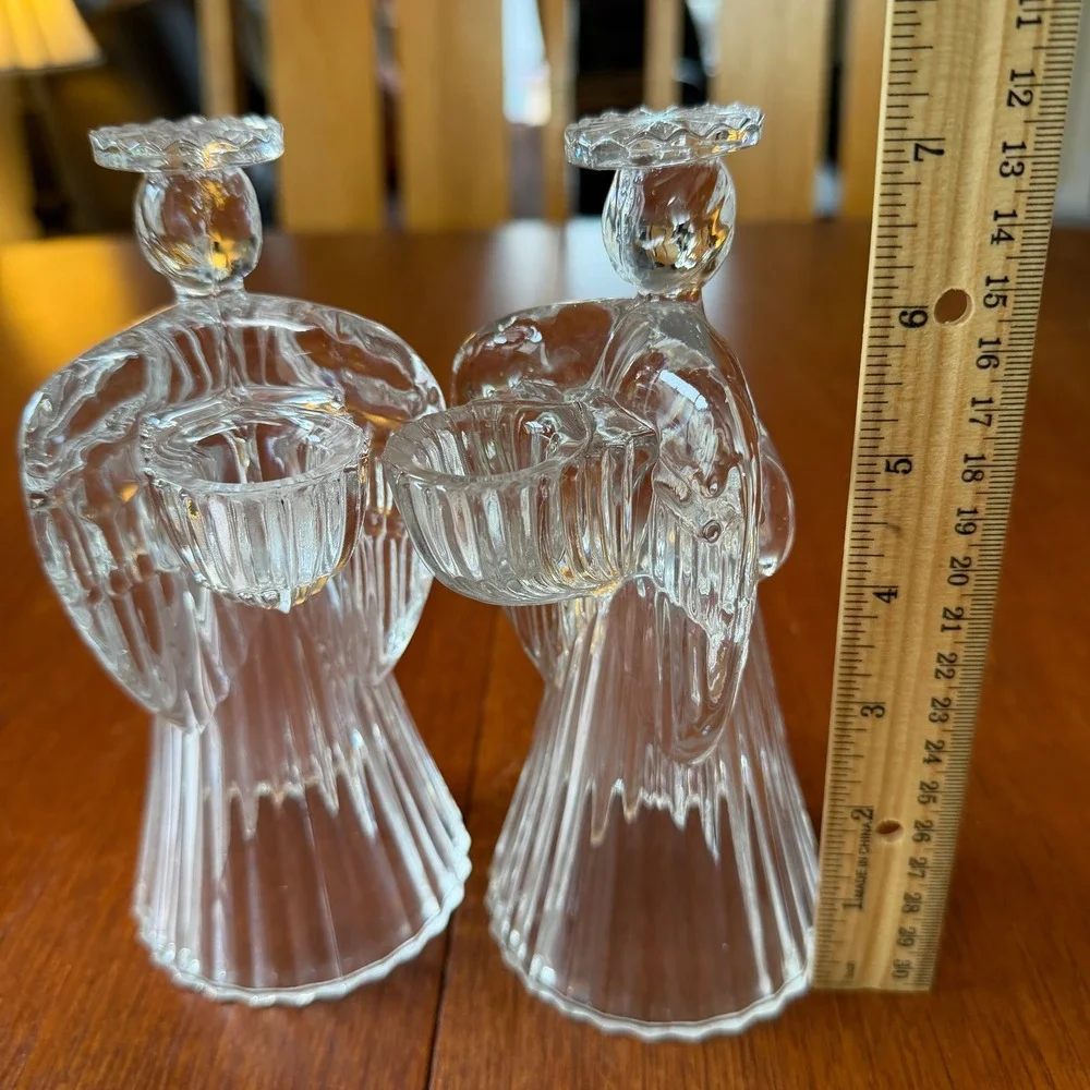 TWO VTG  Clear Glass Praying Angel Taper Candle Holders Ribbed Base Christmas